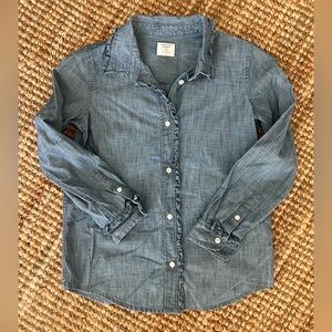 Crewcuts ruffled chambray button down top.